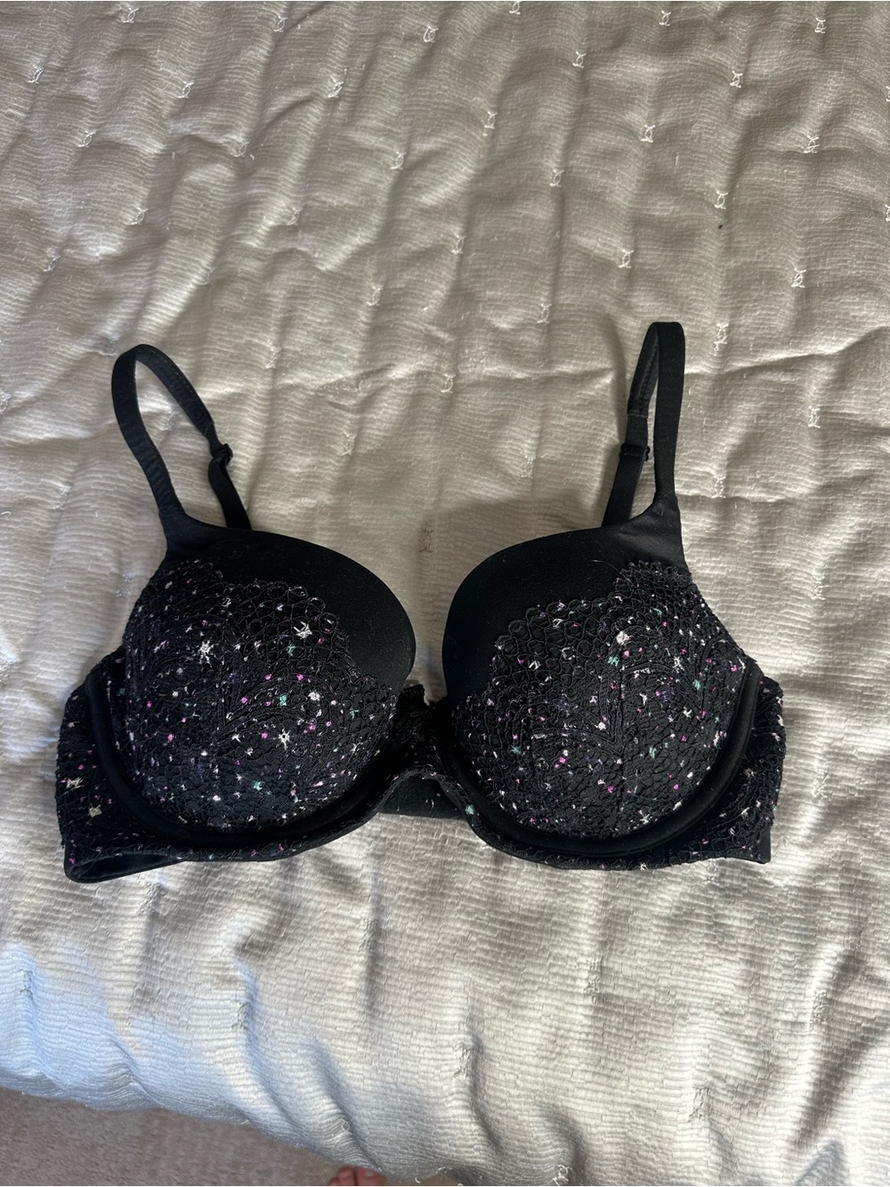 Victoria's Secret Black Lace Push-Up Bra with Pink & Teal Sparkle
